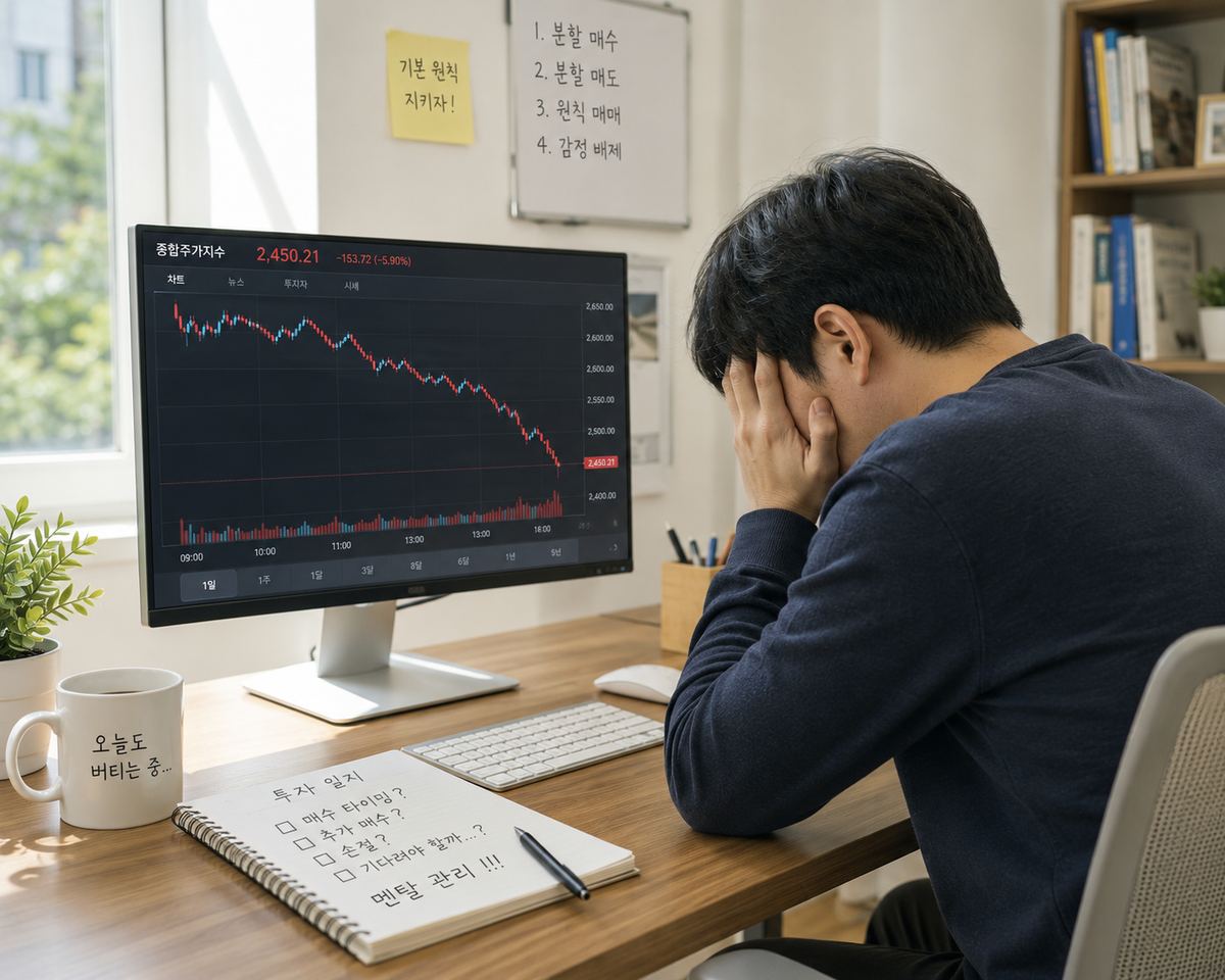 급락장에서 머리를 감싸쥔 투자자, 모니터에는 종합주가지수 2,450.21 -5.90% 표시, 벽에는 분할매수·분할매도·원칙매매·감정배제 메모